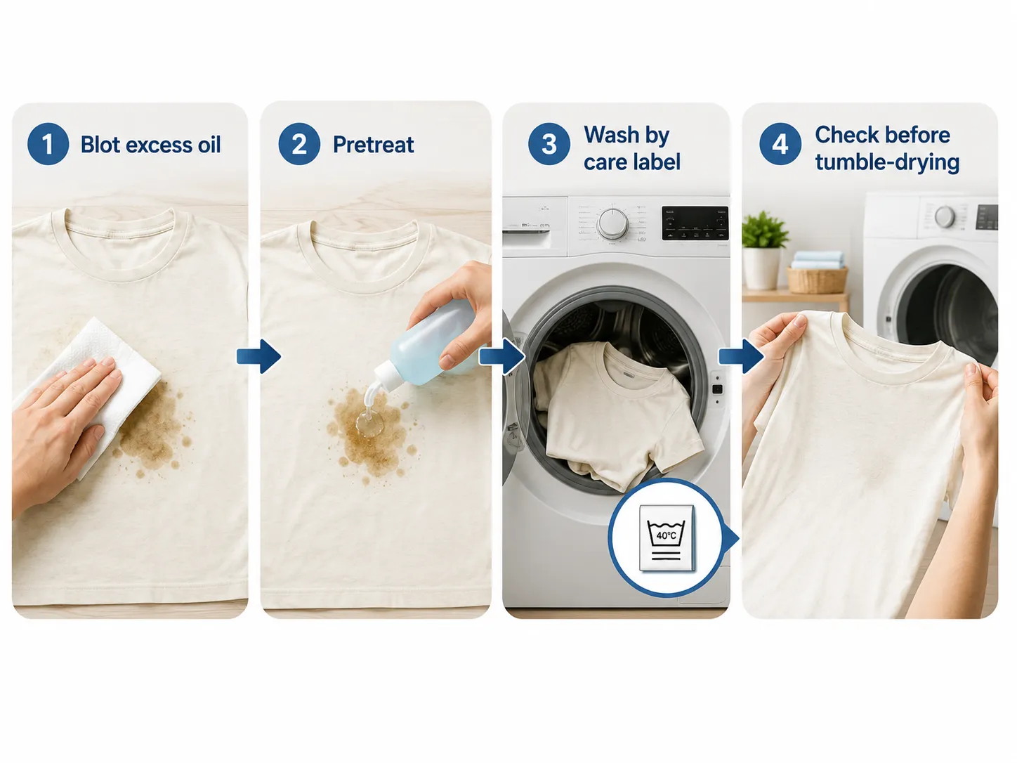 Four steps for blotting, pretreating, washing, and checking an oil stain