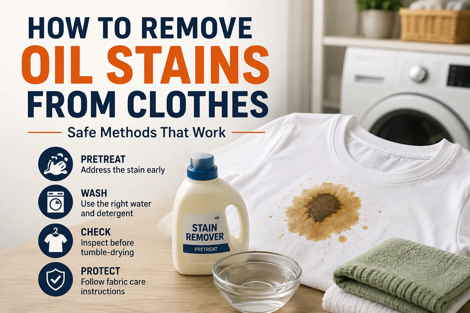 Oil stain removal supplies beside a stained white shirt